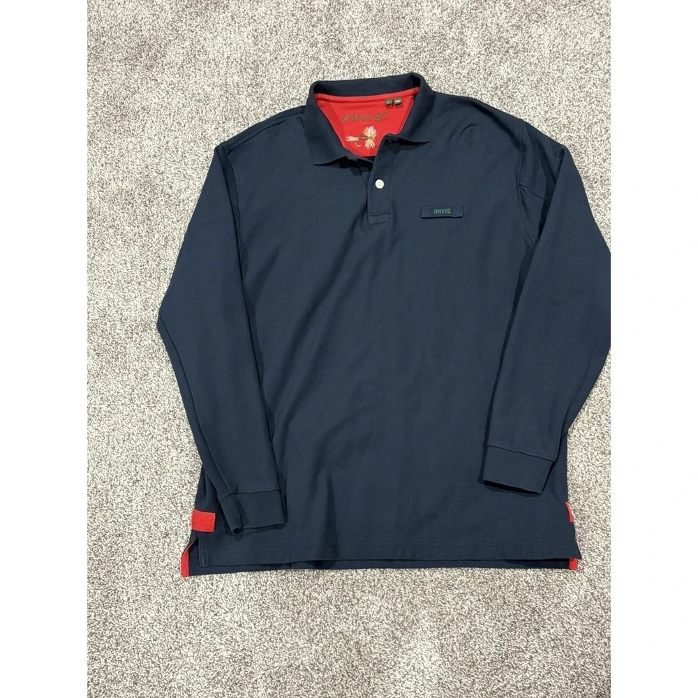 Orvis Signature Long Sleeve Polo Shirt Men's Large Cotton Thick Navy - Picture 2 of 7